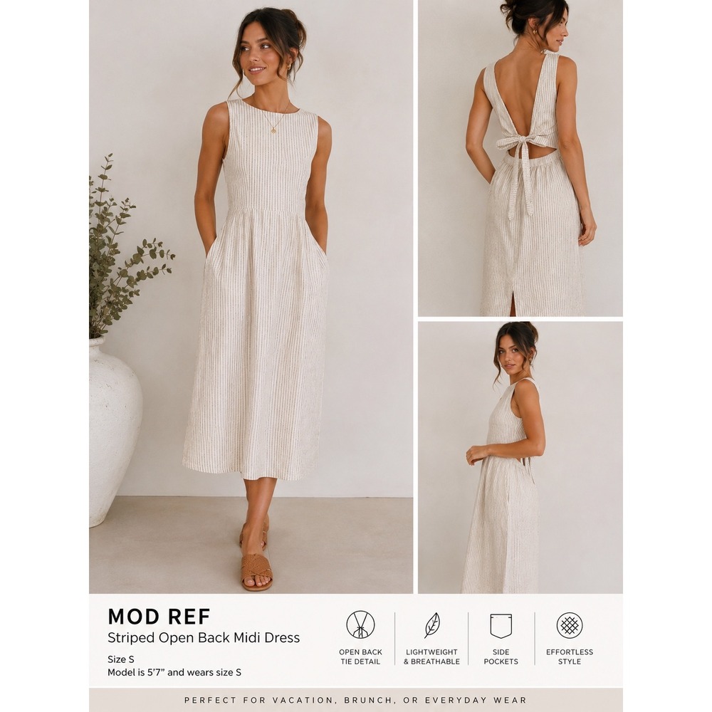 Mod Ref Tan White Striped Open Back Tie Midi Dress Womens Small 100% Cotton